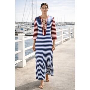 J.Crew Sammie Lace-Up Striped Maxi Dress Red White Blue XXS Cotton Coastal